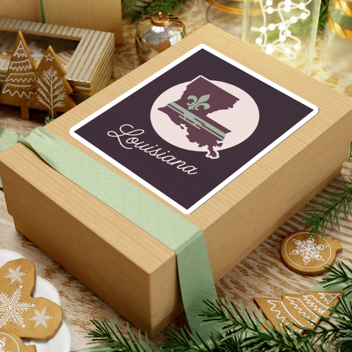 Louisiana silhouette vinyl sticker on gift box lid, mauve emblem with white circle