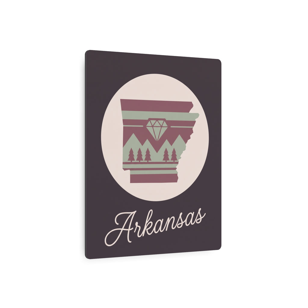 Arkansas silhouette metal wall art sign, mauve and sage emblem with 'Arkansas' script on dark square