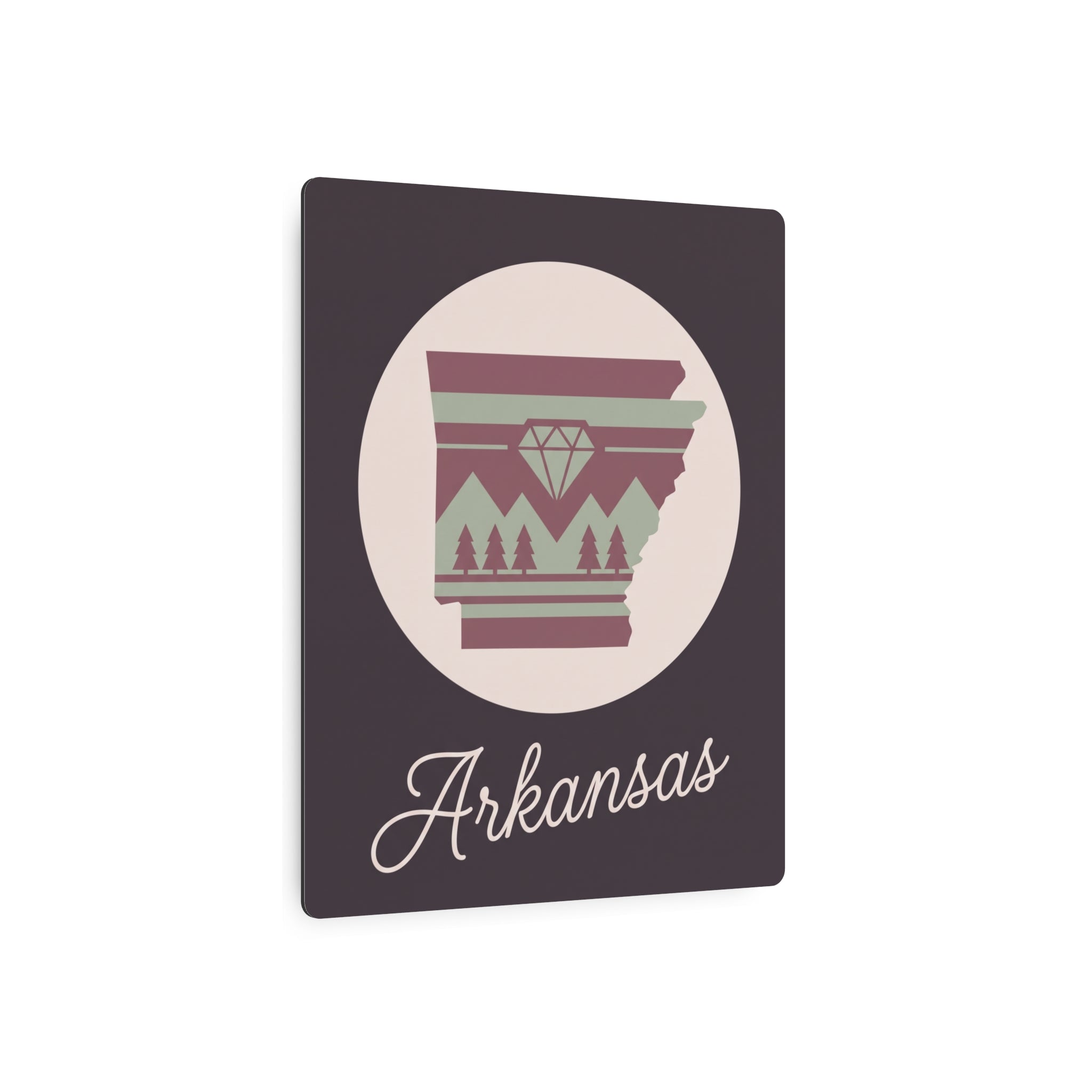 Arkansas silhouette metal wall art sign, mauve and sage emblem with 'Arkansas' script on dark square