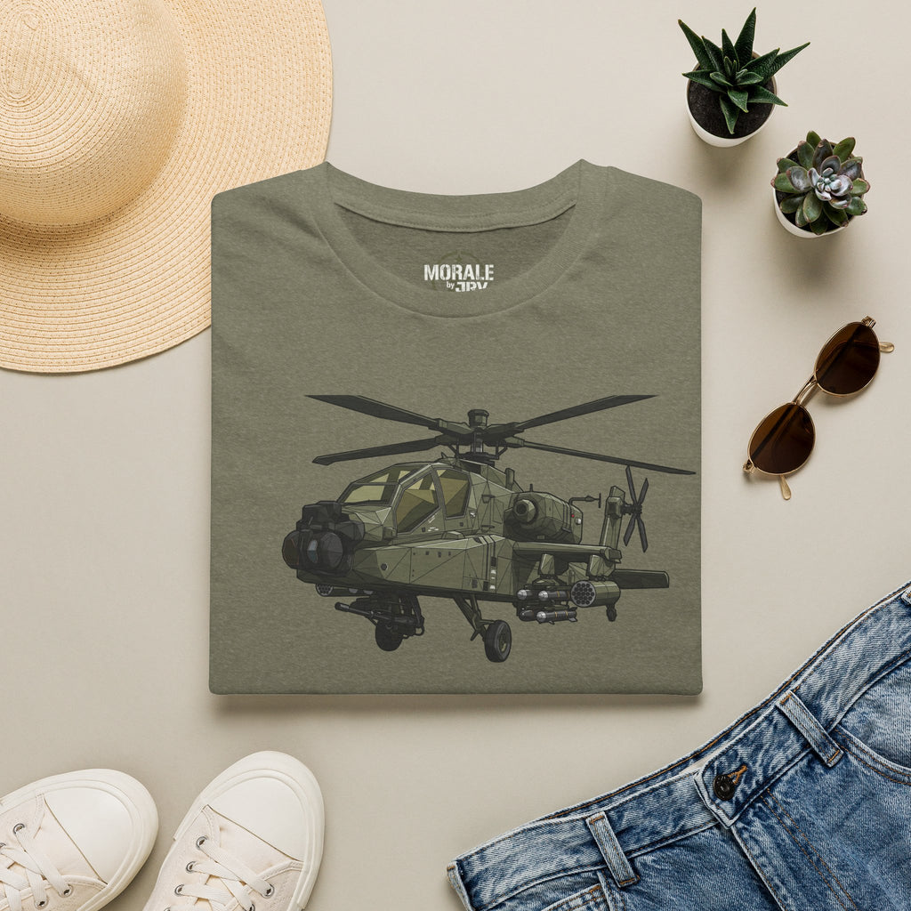 Heather military green AH-64 Apache helicopter t-shirt with front helicopter graphic