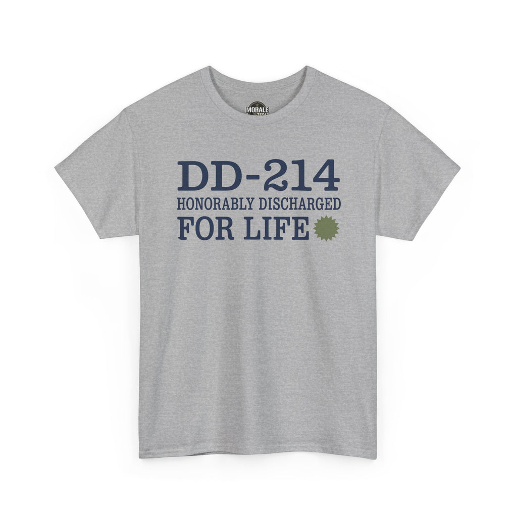 Light gray T-shirt front with 'DD-214 Honorably Discharged For Life' print.