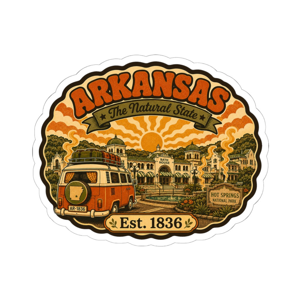 Round Arkansas travel sticker with orange camper van and “Est. 1836”