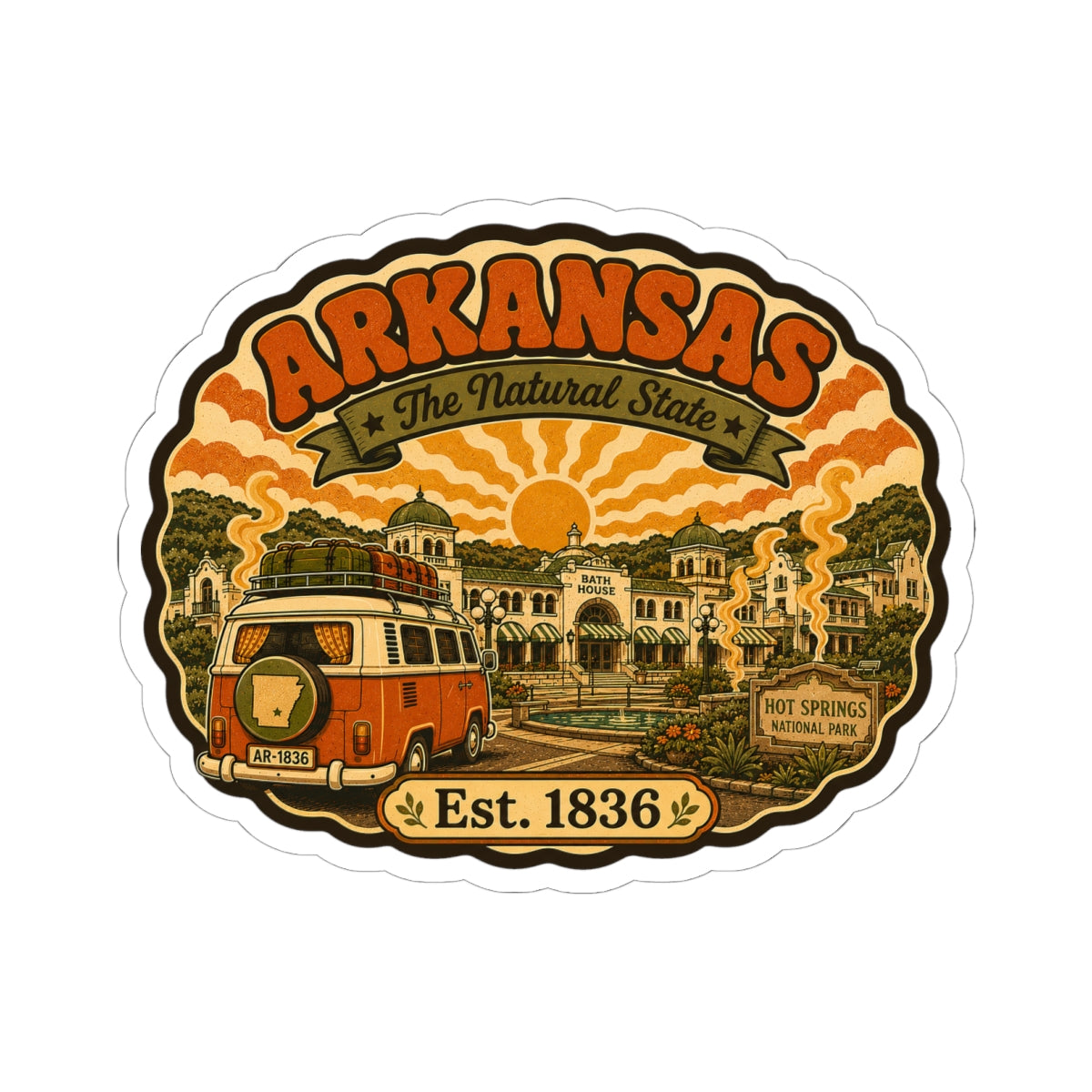 Round Arkansas travel sticker with orange camper van and “Est. 1836”