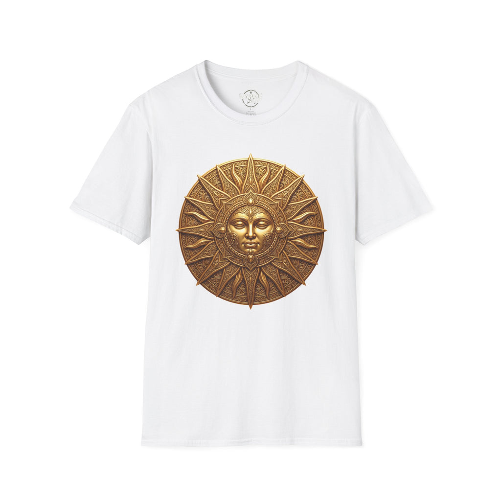 Bronze Sun Face medallion T-shirt, white tee with gold sunburst portrait graphic