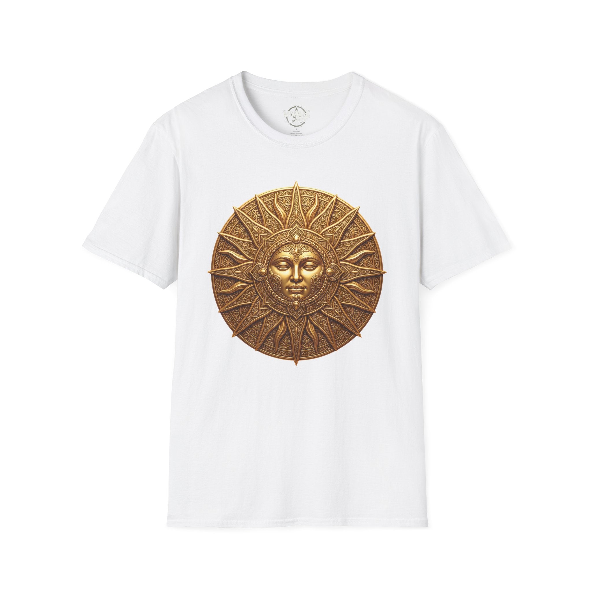 Bronze Sun Face medallion T-shirt, white tee with gold sunburst portrait graphic