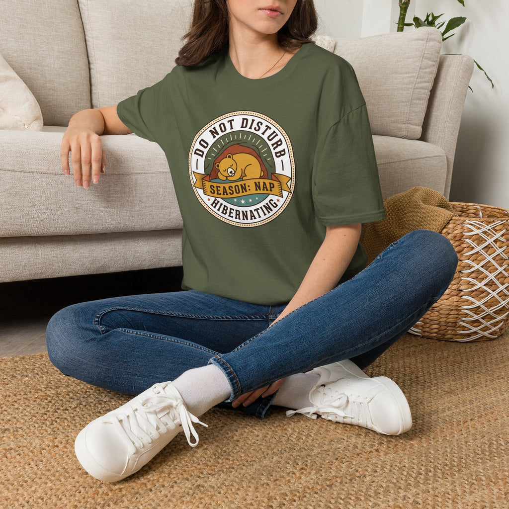 Olive green nap T-shirt with circular 'Do Not Disturb Season: Nap' sleeping bear print
