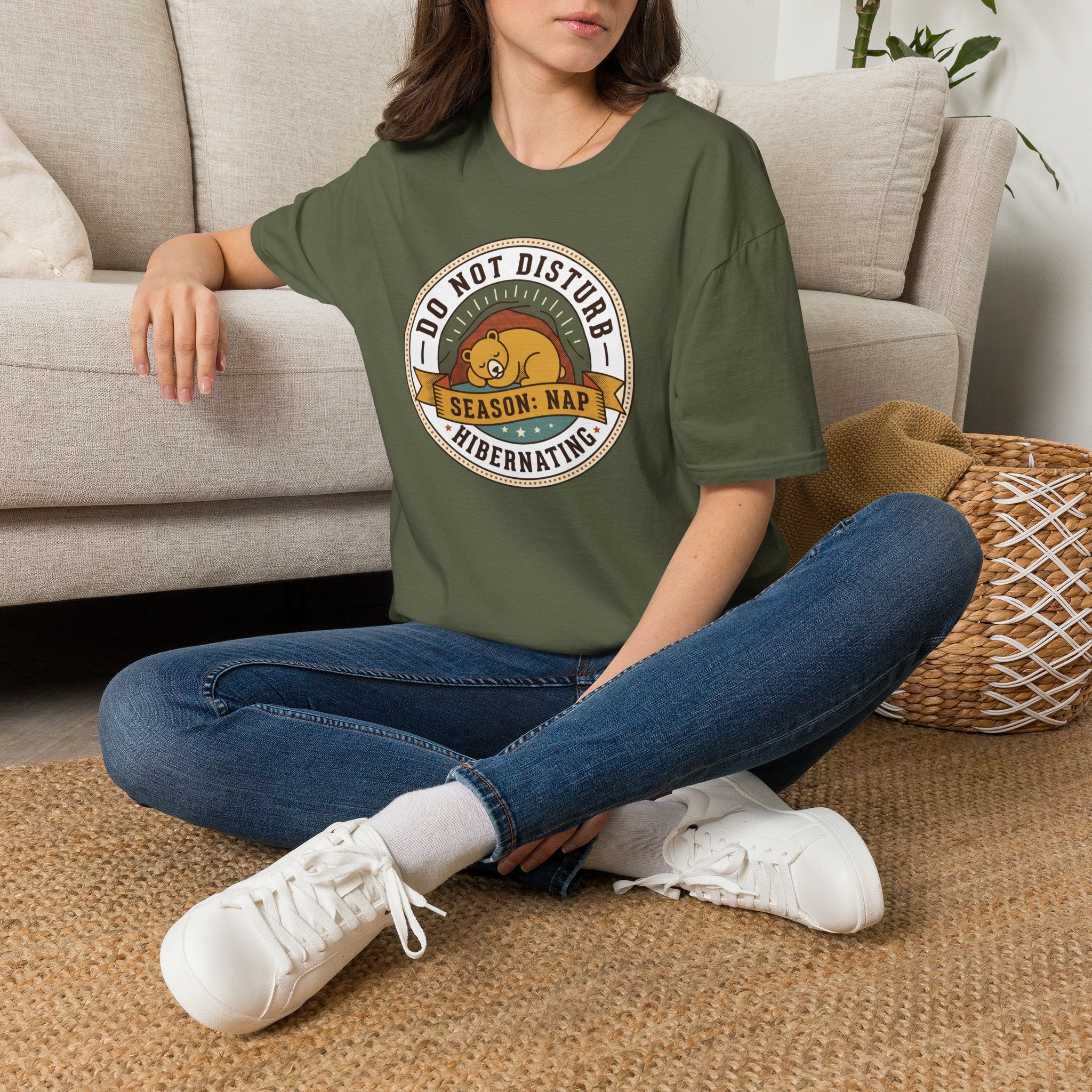 Olive green nap T-shirt with circular 'Do Not Disturb Season: Nap' sleeping bear print