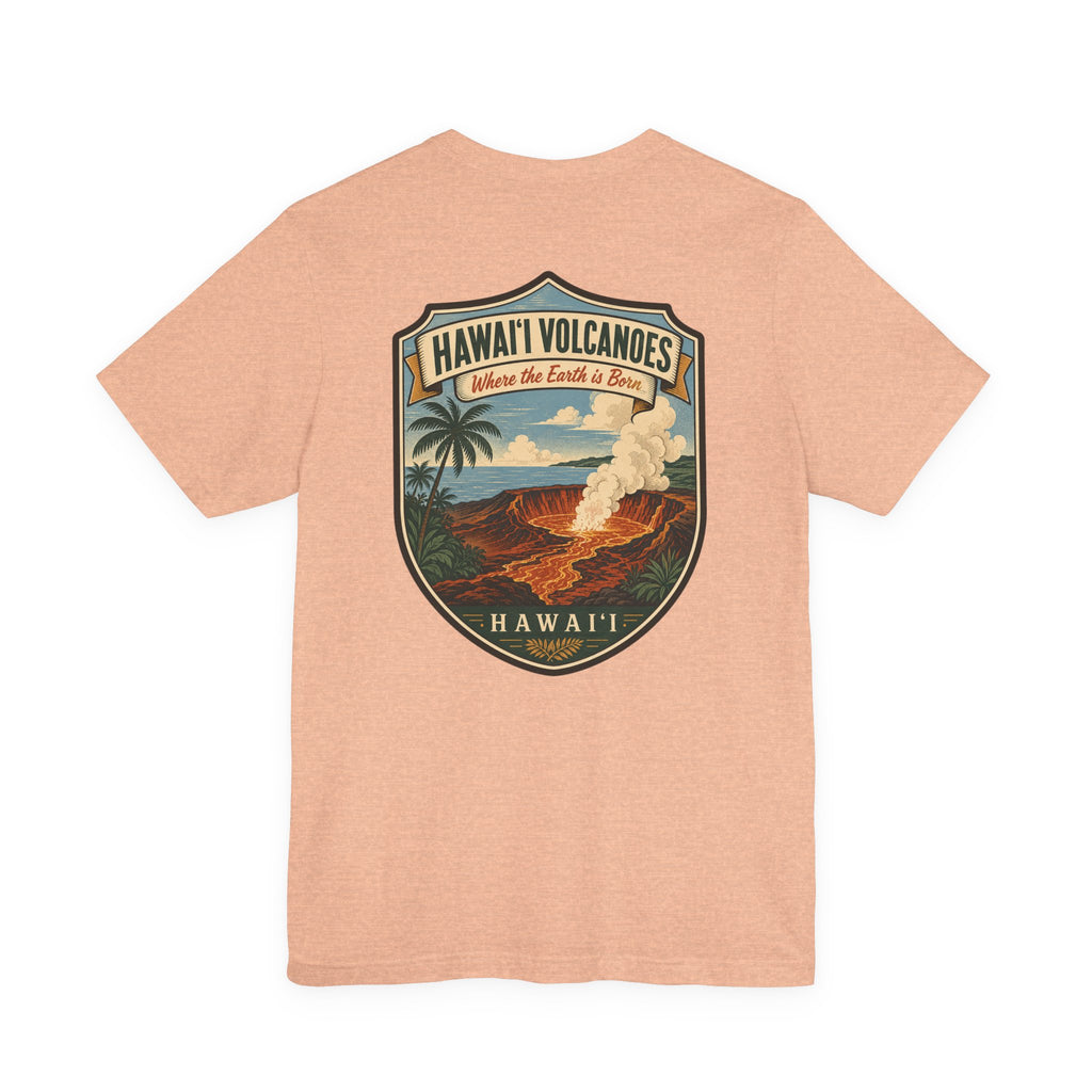 Peach heather T-shirt with volcano shield graphic and lava landscape