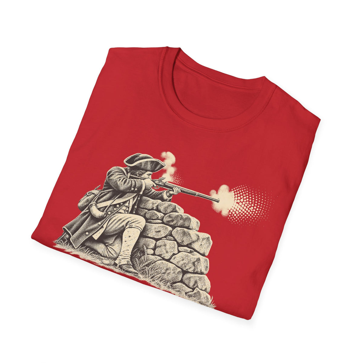Red T-shirt laid flat with front musket graphic behind stacked stones and dotted smoke