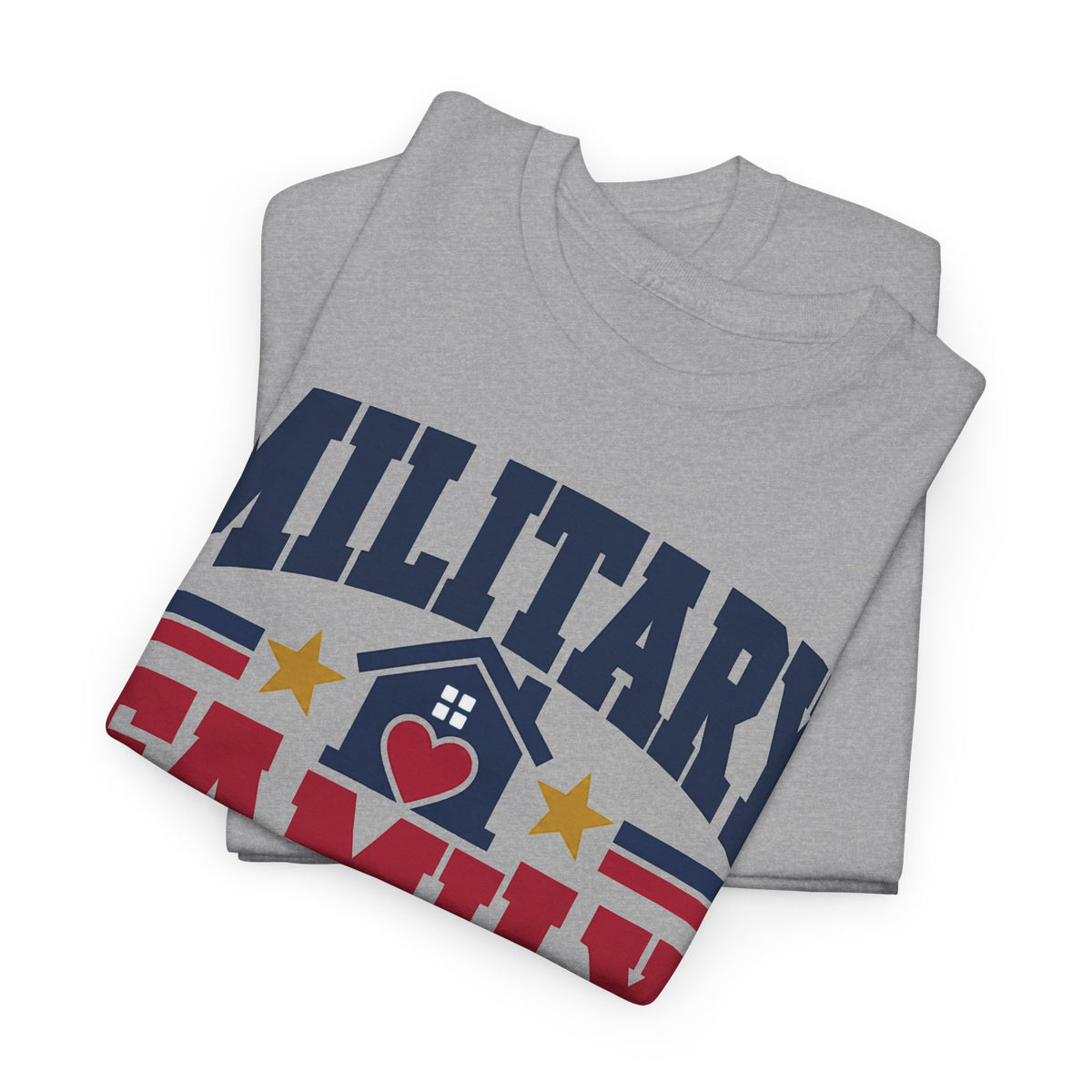 Light gray unisex crewneck T-shirt with patriotic graphic heart, stars, and flag accents.