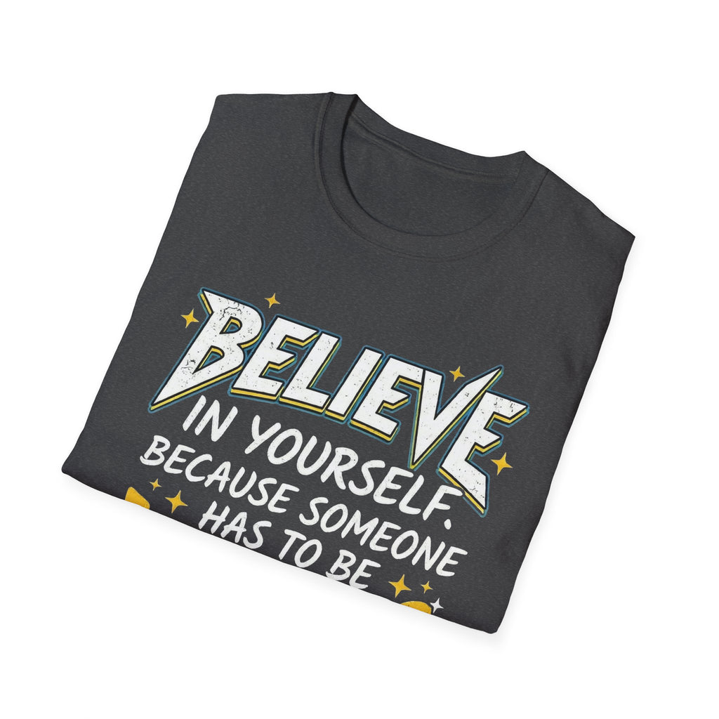 Funny T-Shirt mit Zitat-Print „BELIEVE…“, dunkler (Dark Heather)
