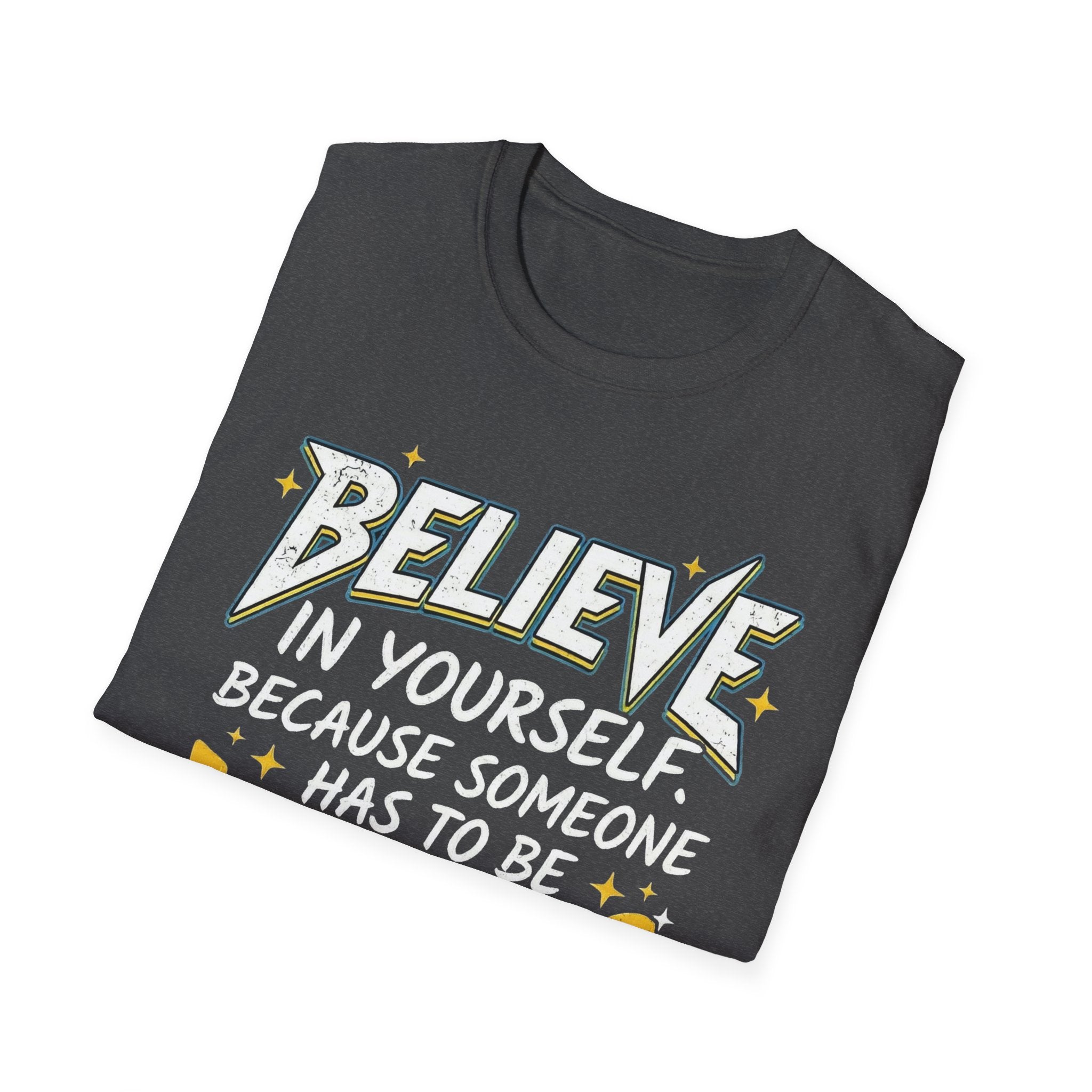 Funny T-Shirt mit Zitat-Print „BELIEVE…“, dunkler (Dark Heather)