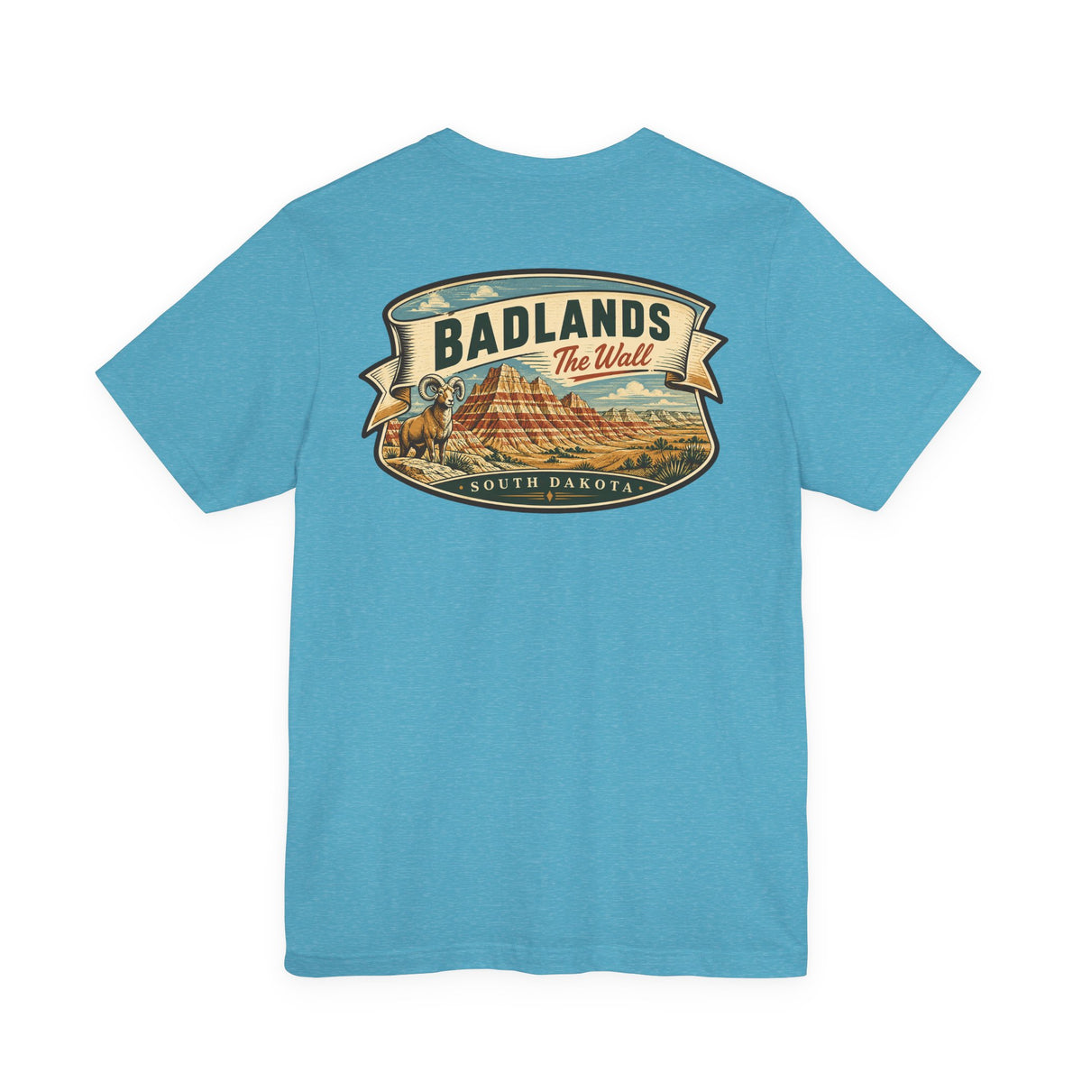 Light blue T-shirt with “BADLANDS” landscape graphic badge across the chest