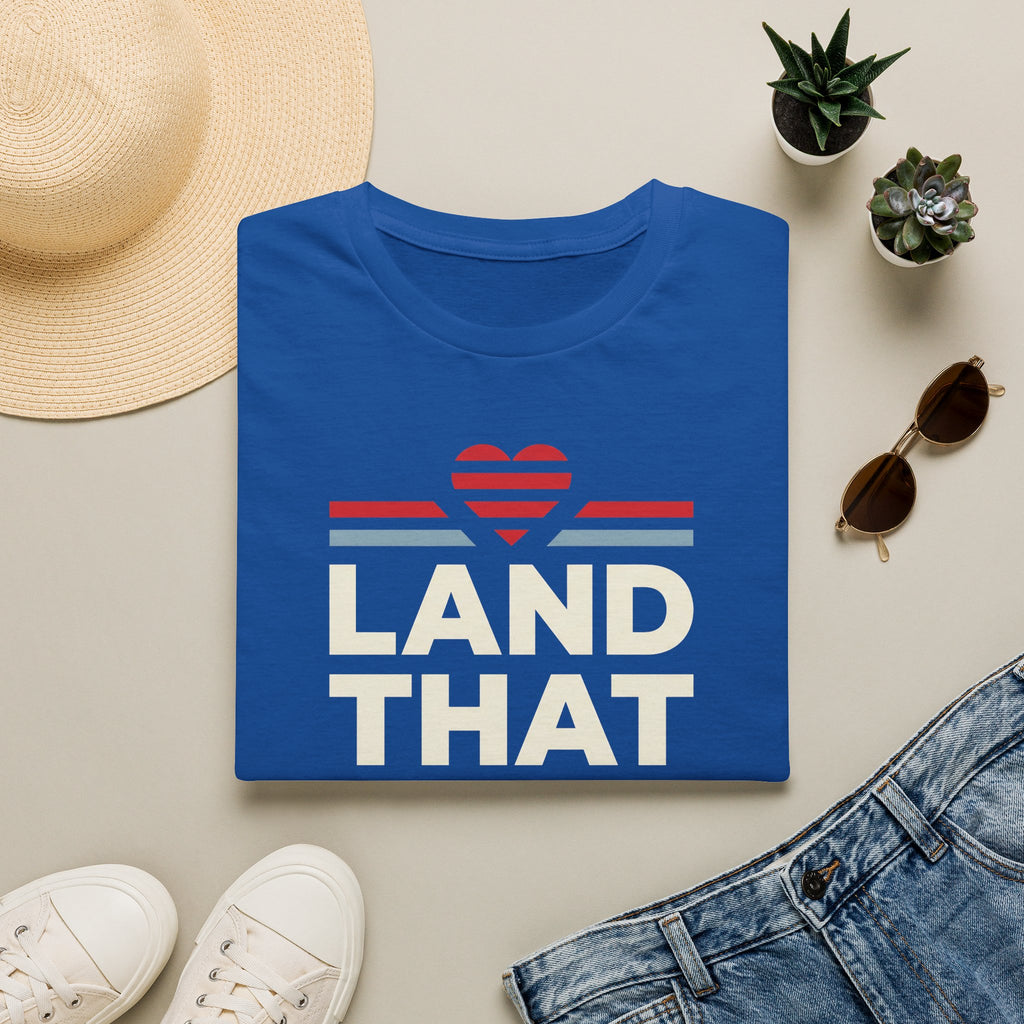 Royal blue unisex T-shirt with retro heart graphic and text 'LAND THAT'