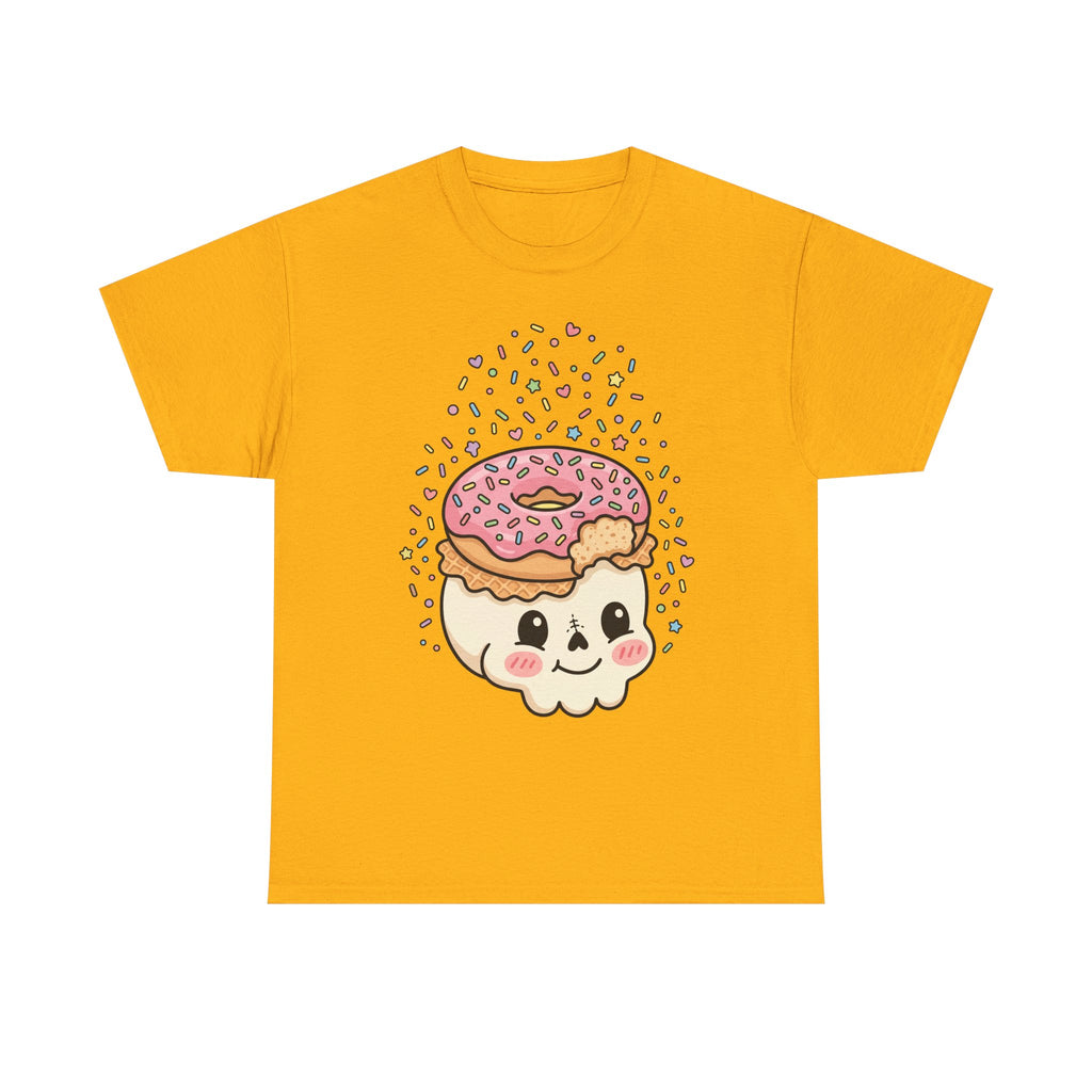 Orange/yellow T-shirt with donut skull face graphic and sprinkle accents