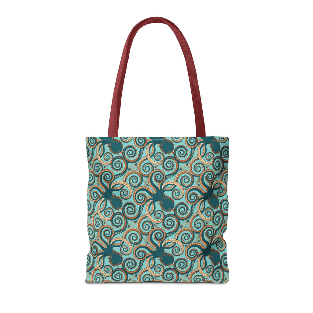 Teal octopus swirl tote bag with red handles, front view