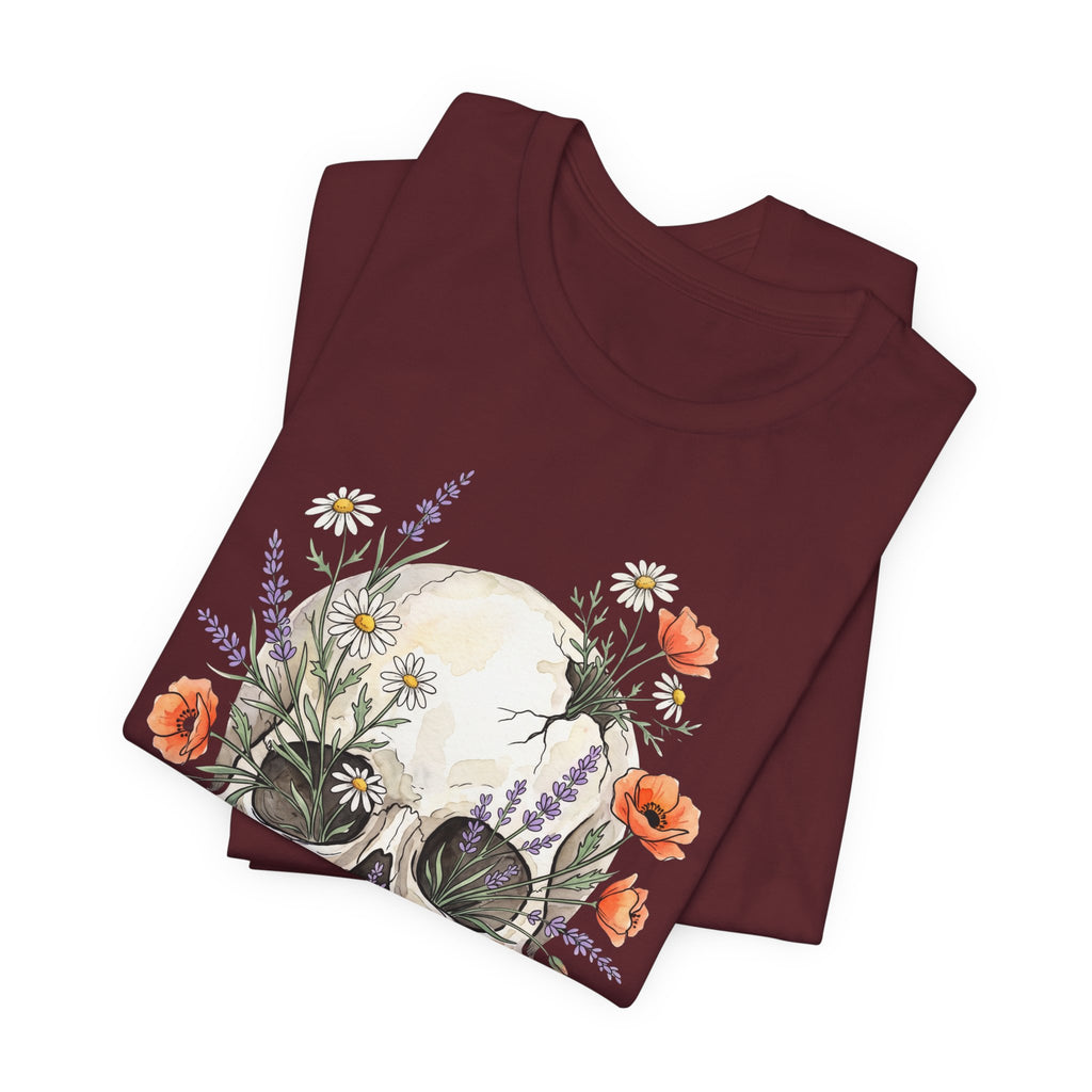 Floral Skull T-Shirt, maroon tee with poppies and wildflowers around skull graphic