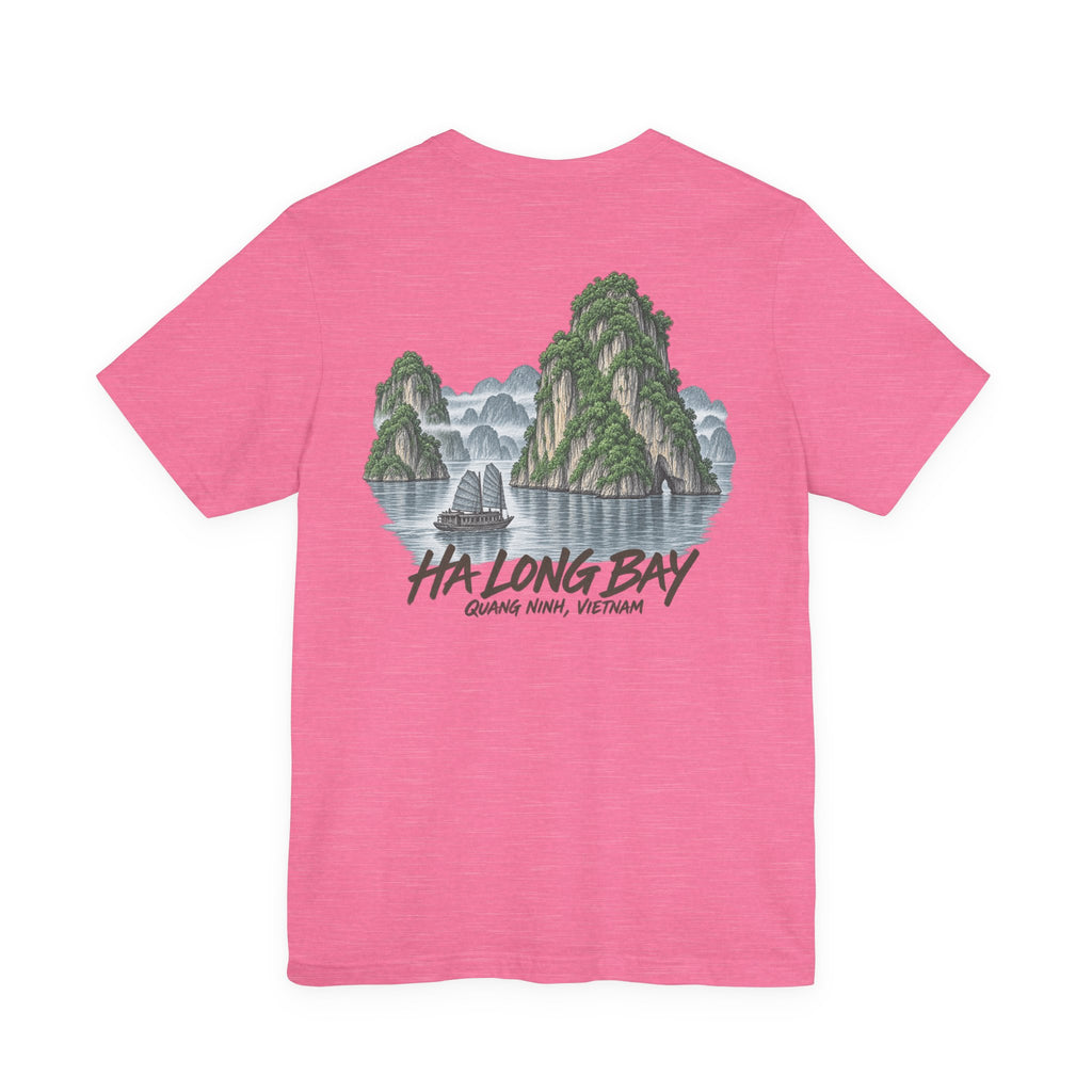 Pink travel t-shirt with Ha Long Bay landscape graphic and text on back