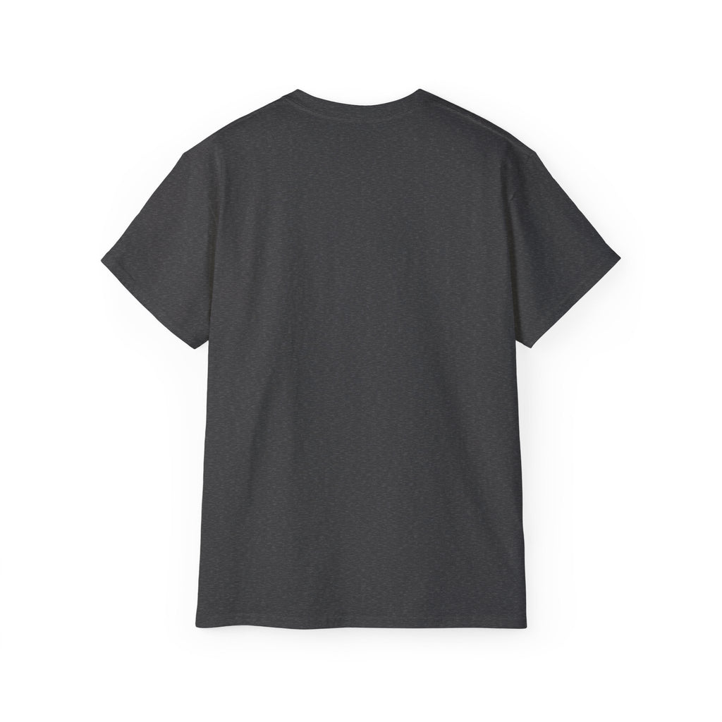 Dark Heather Life typography T-shirt, plain back view