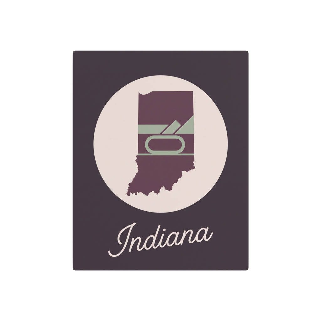 Indiana metal wall art square plaque with plum state emblem, cream circle, and 'Indiana' script