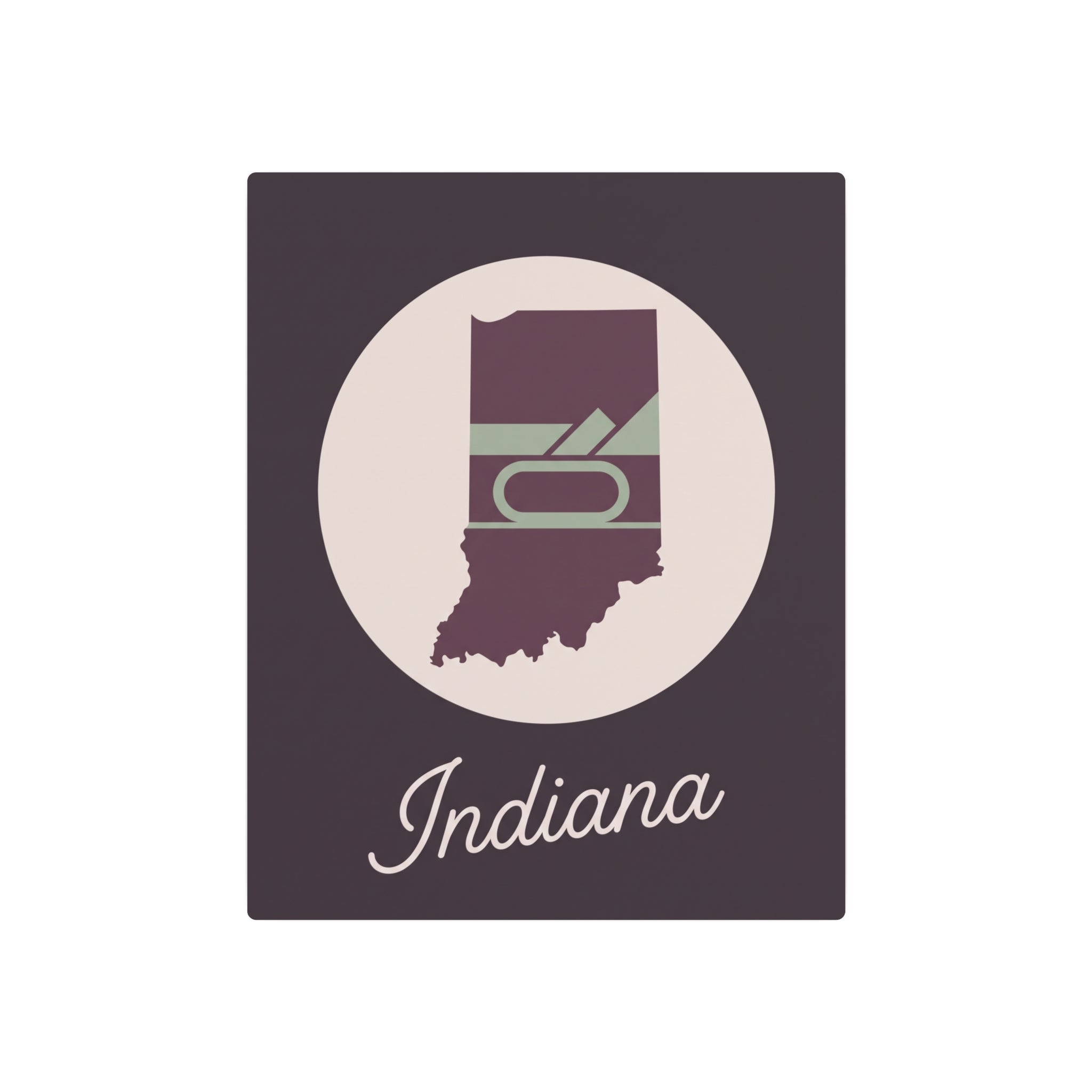 Indiana metal wall art square plaque with plum state emblem, cream circle, and 'Indiana' script