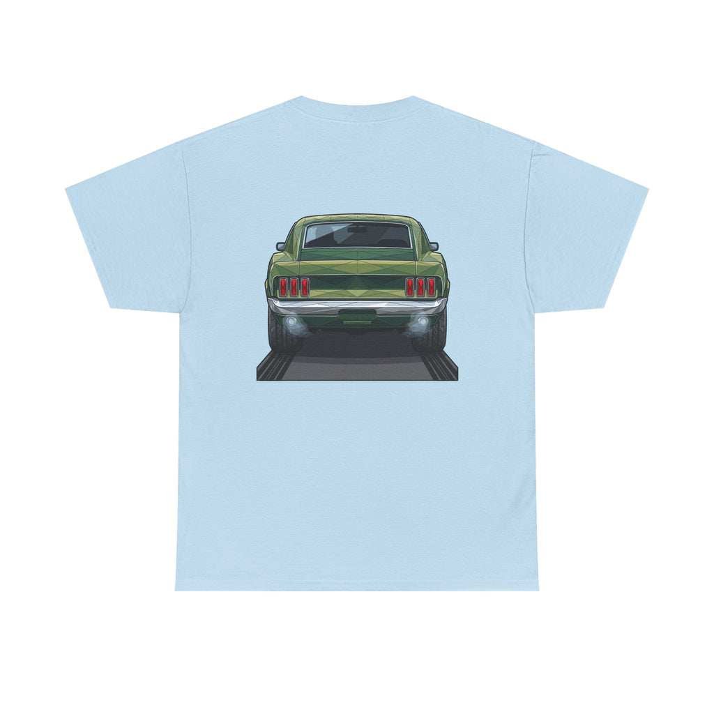 Light blue T-shirt with rear vintage muscle car graphic