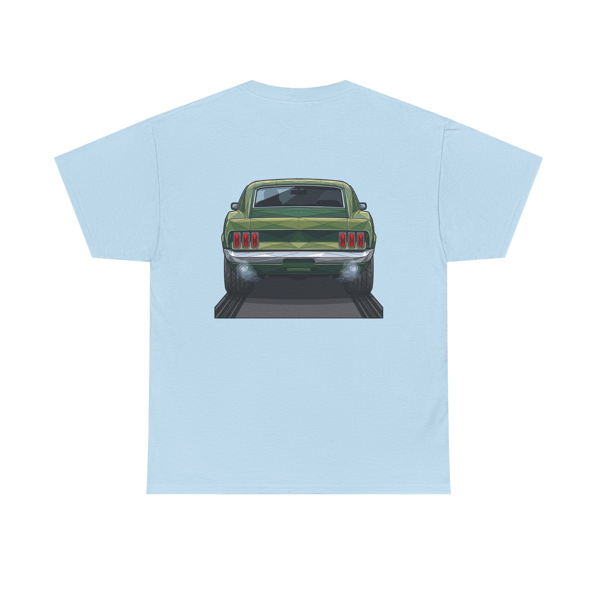Light blue T-shirt with rear vintage muscle car graphic