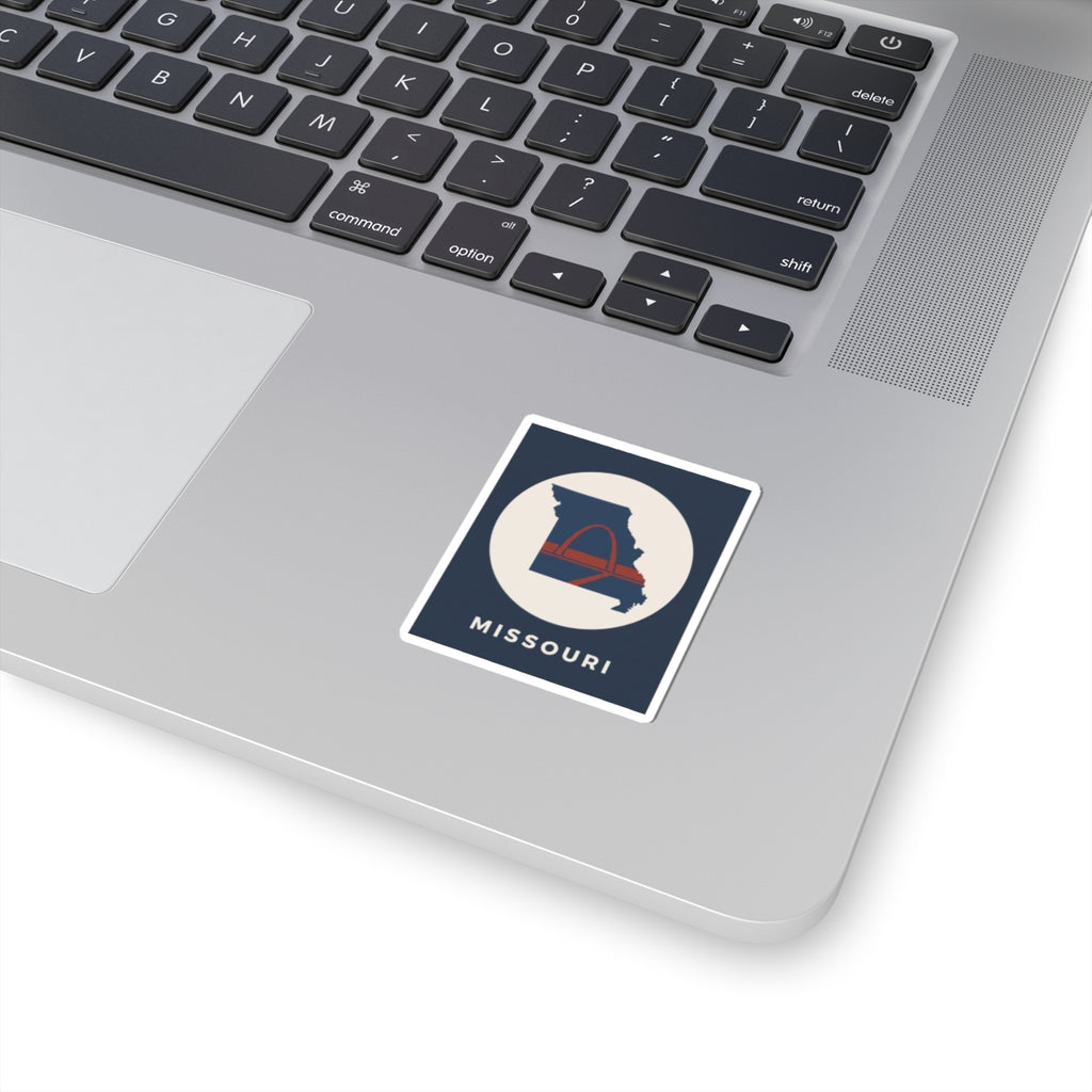 Square Missouri arch sticker with blue-red state silhouette and 'Missouri' text
