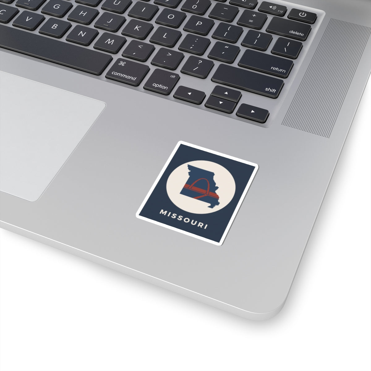 Square Missouri arch sticker with blue-red state silhouette and 'Missouri' text