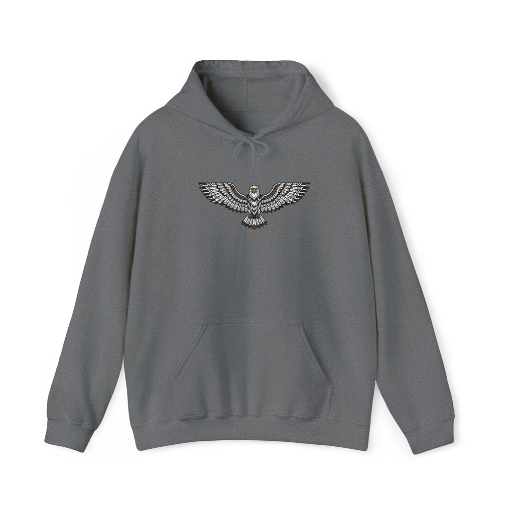 Charcoal gray unisex hoodie with drawstring hood, front pocket, rhinestone eagle chest design