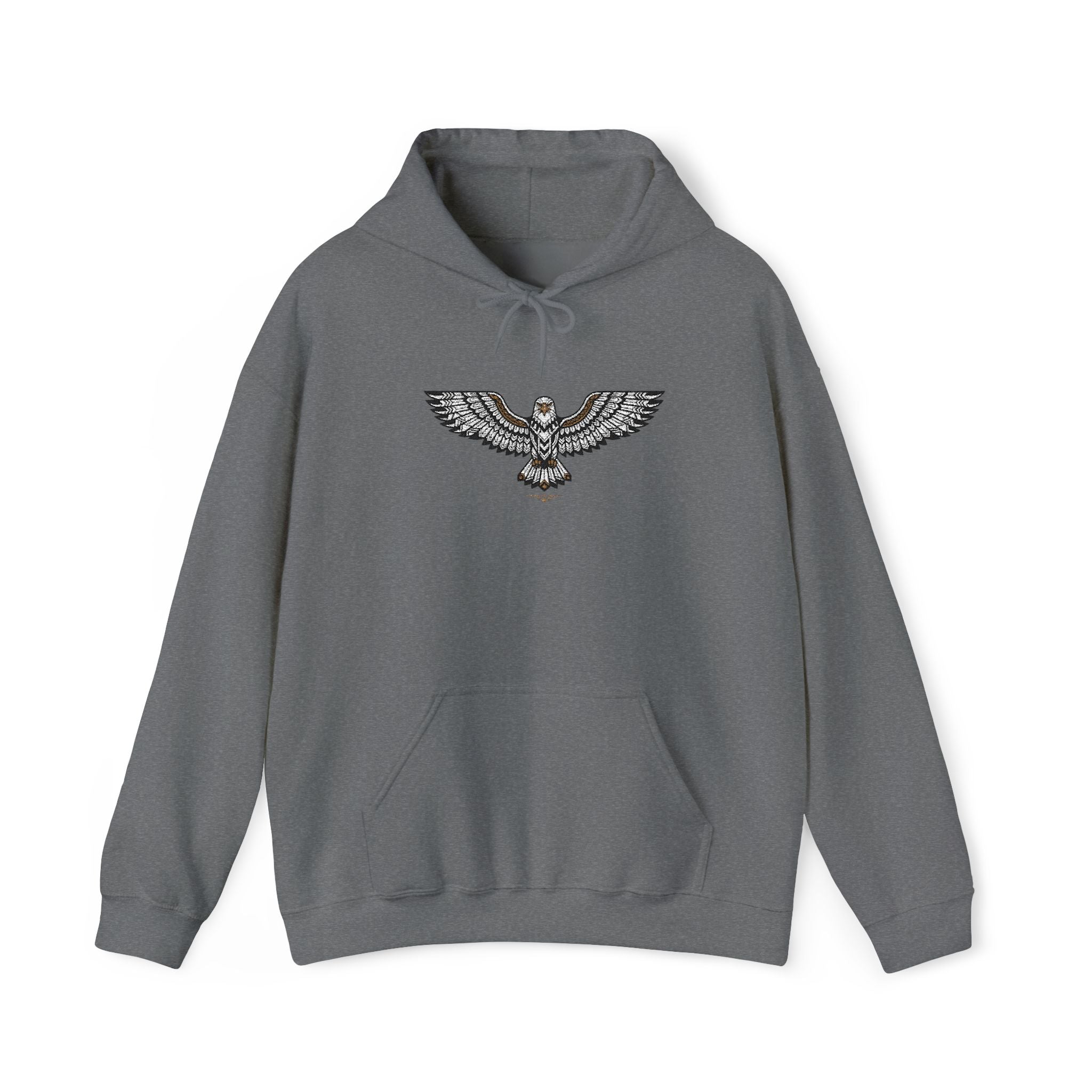 Charcoal gray unisex hoodie with drawstring hood, front pocket, rhinestone eagle chest design