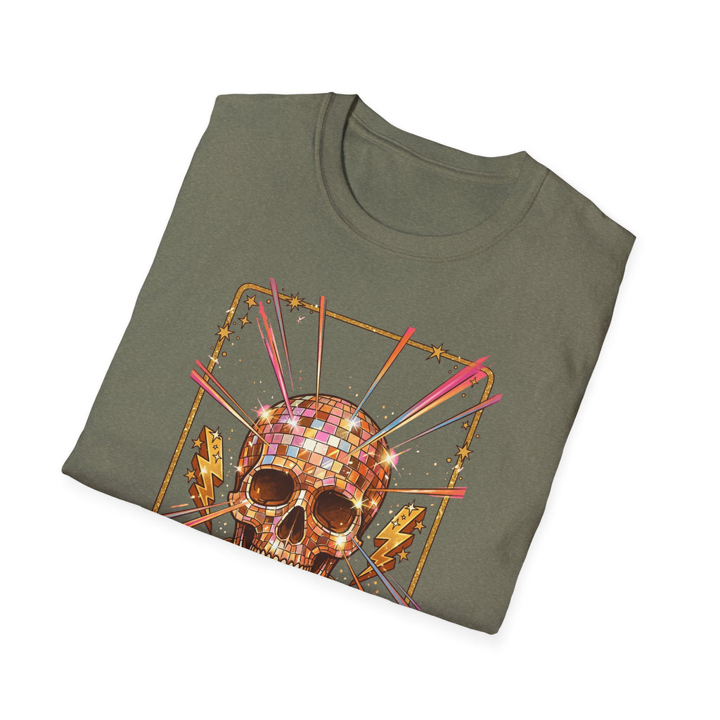 Olive T-shirt with skull and mirror-ball retro front graphic
