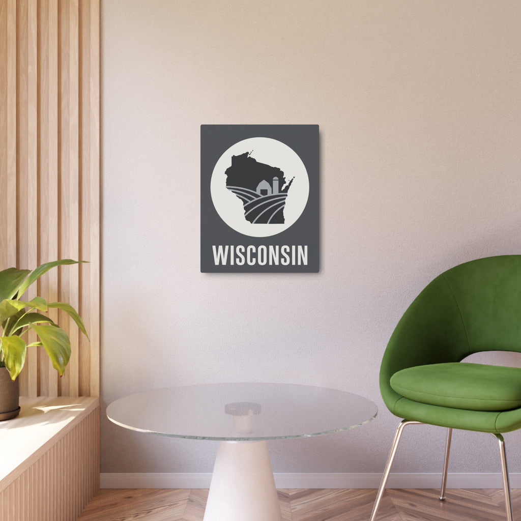 Wisconsin metal wall plaque, dark square with white circle emblem and WISCONSIN lettering