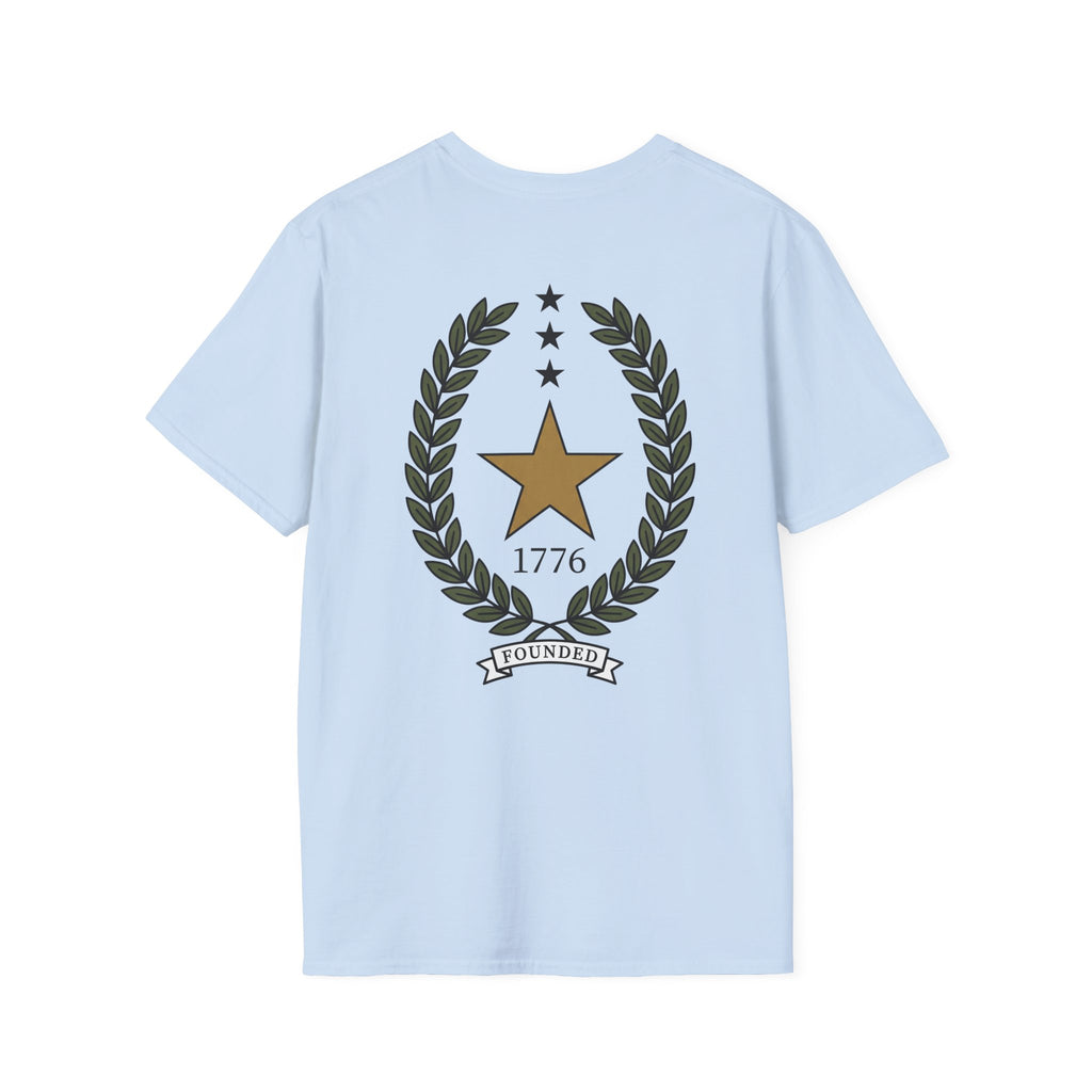 Light blue t-shirt with gold star laurel wreath, “1776” and “FOUNDED” banner graphic