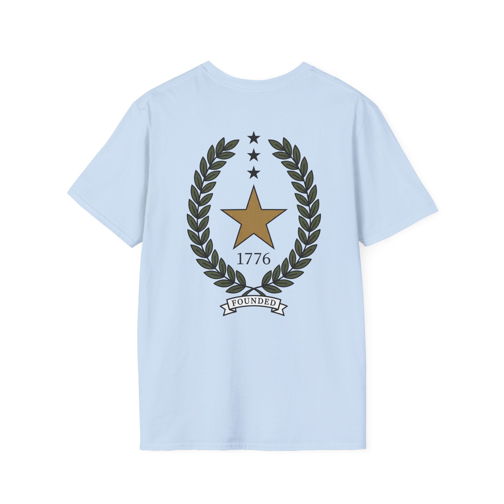 Light blue t-shirt with gold star laurel wreath, “1776” and “FOUNDED” banner graphic