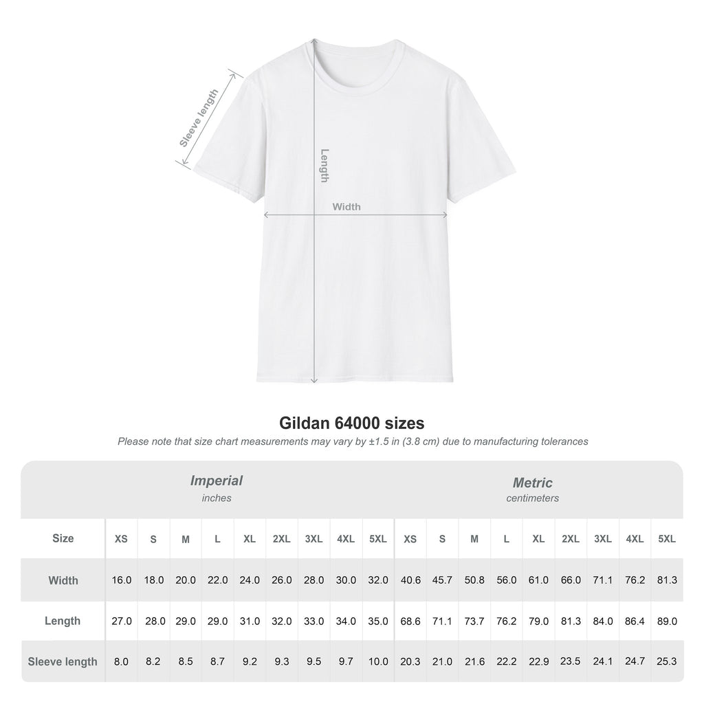 White crewneck T-shirt with size chart measurement diagram and Gildan 64000 reference.