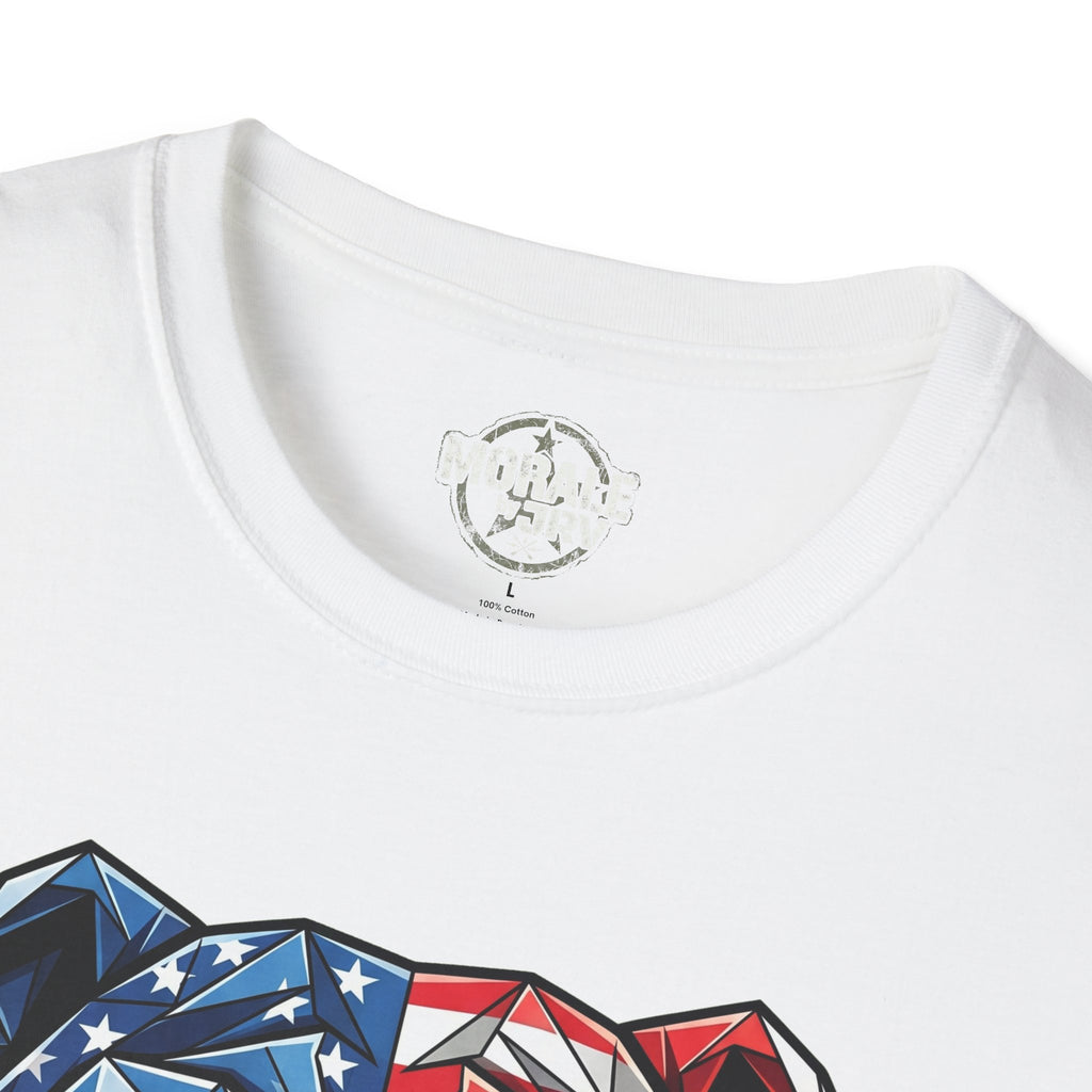 White T-shirt crew neck with small chest logo and partial bulldog graphic