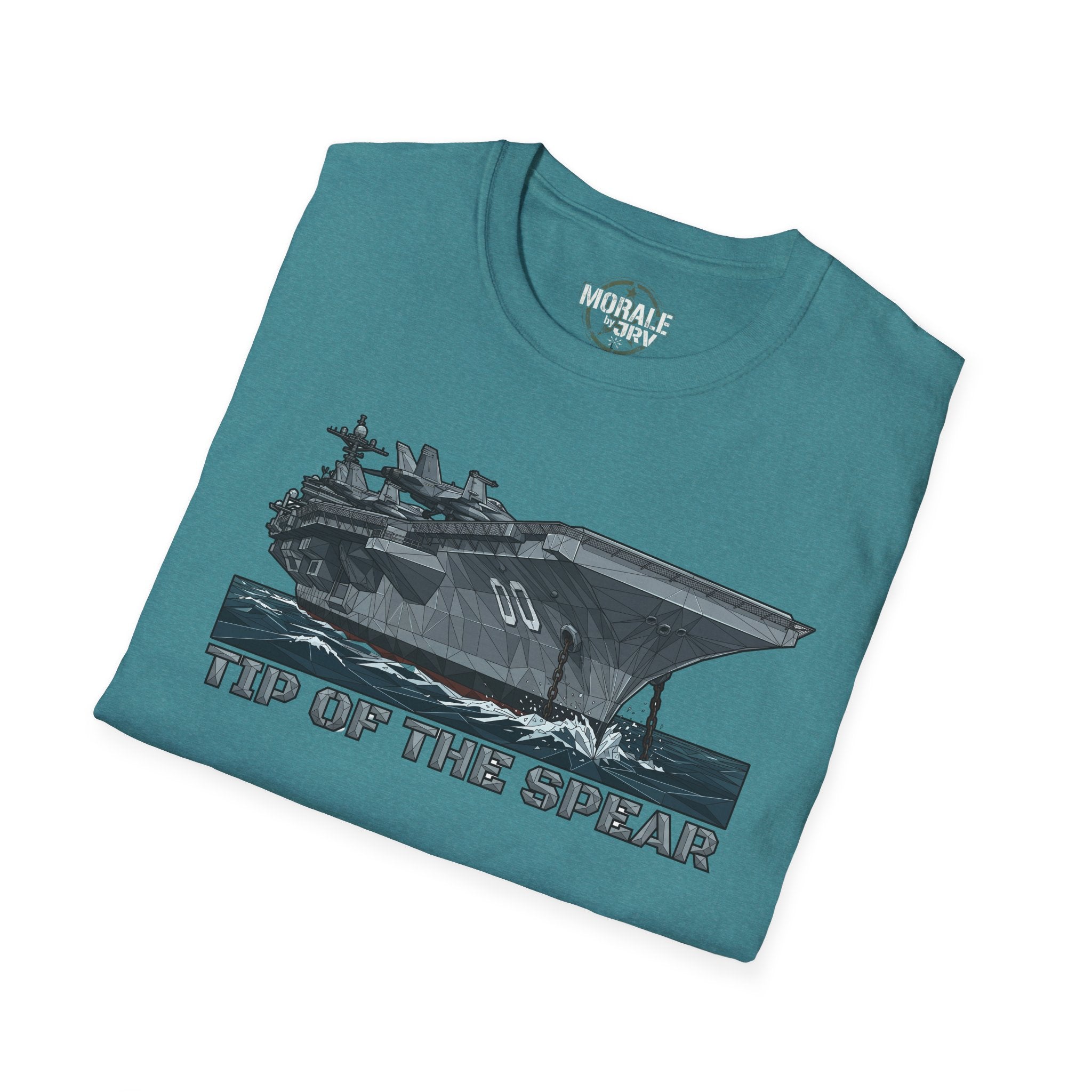 Teal T-shirt with 'Tip of the Spear' aircraft carrier graphic, crew neck