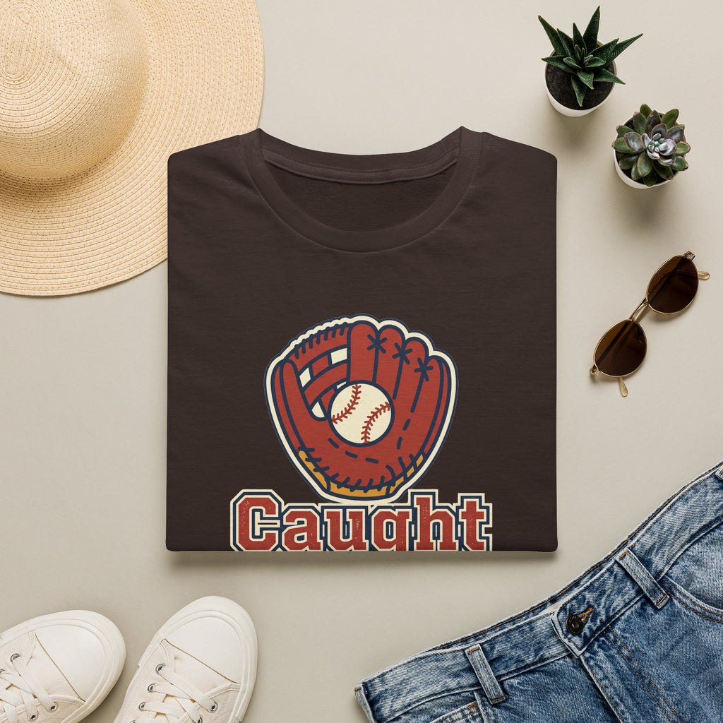 Dark chocolate baseball T-shirt with front glove graphic and 'Caught Looking' text