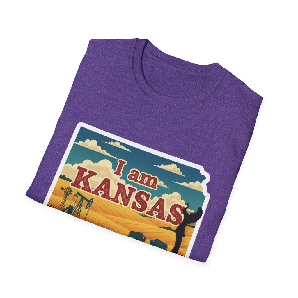 Heather purple T-shirt with “I am KANSAS” prairie scene graphic