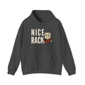 Charcoal hoodie with kangaroo pocket, drawstring hood, and bold rib graphic on chest.