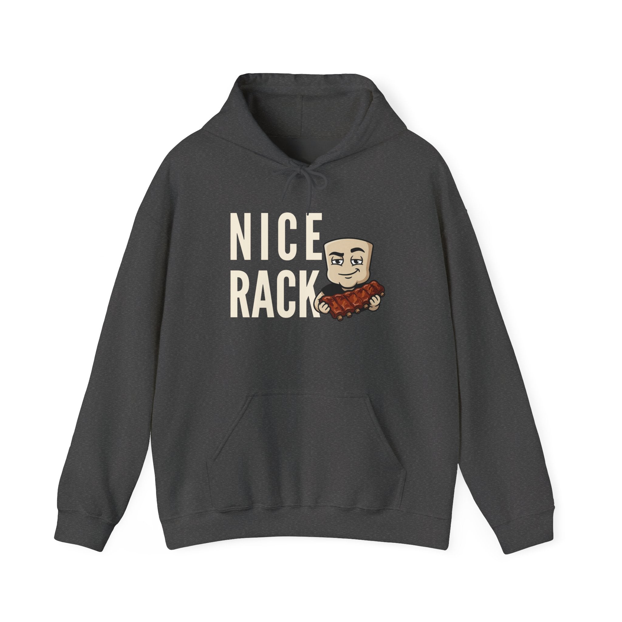 Charcoal hoodie with kangaroo pocket, drawstring hood, and bold rib graphic on chest.