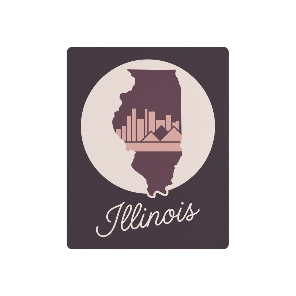 Mauve Illinois metal wall art sign with circular state silhouette and skyline bars