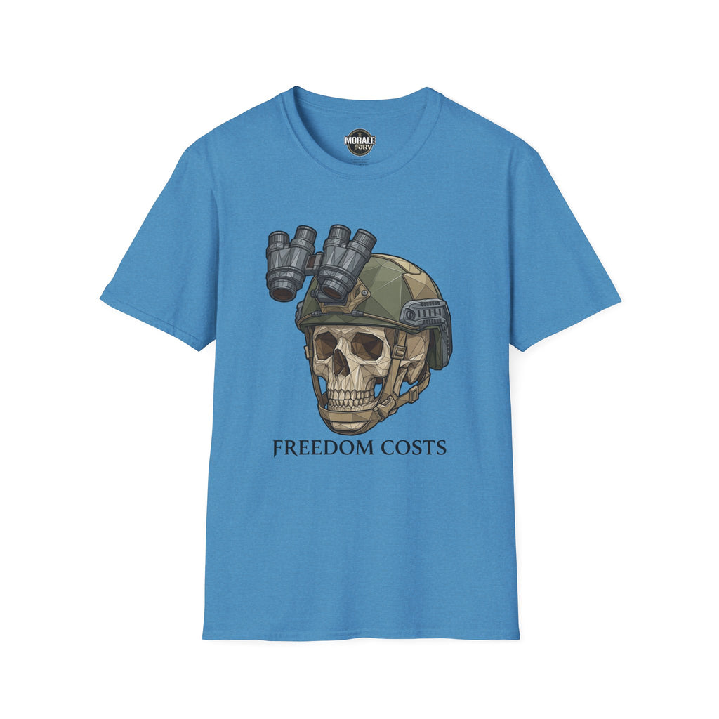 Blue tactical skull NVG graphic T-shirt with “FREEDOM COSTS” text
