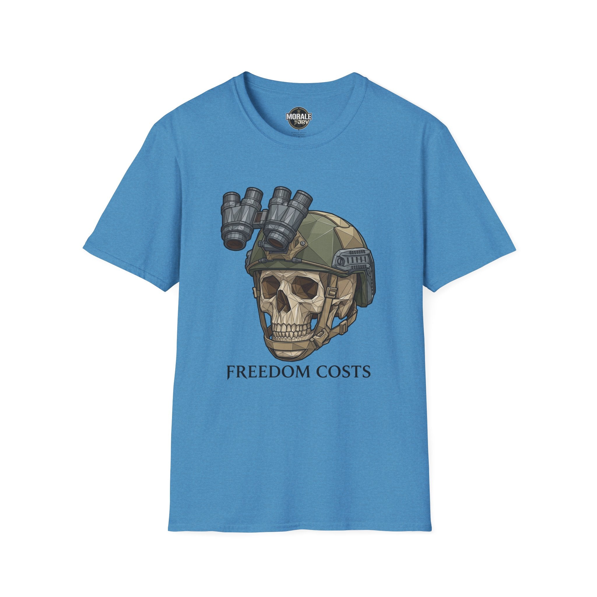Blue tactical skull NVG graphic T-shirt with “FREEDOM COSTS” text