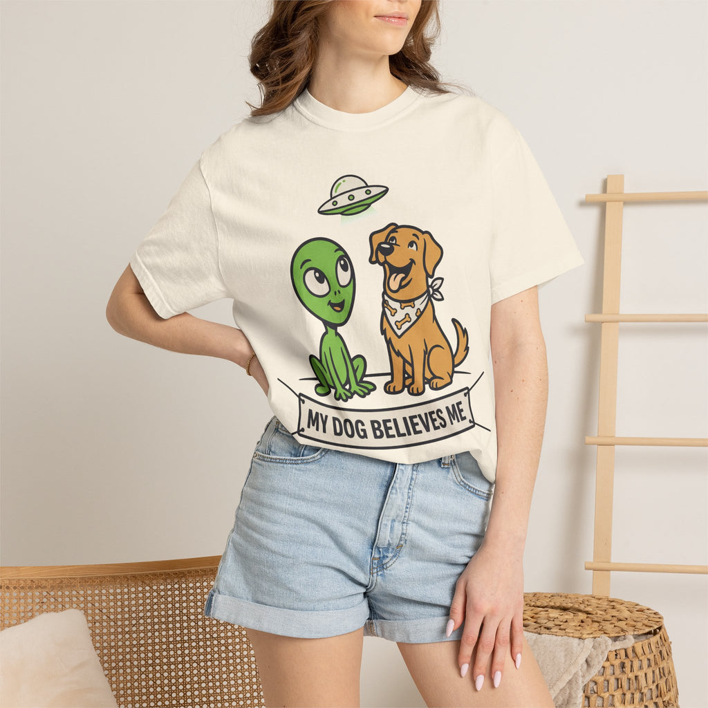 Ivory crewneck T-shirt with alien and brown dog cartoon graphic