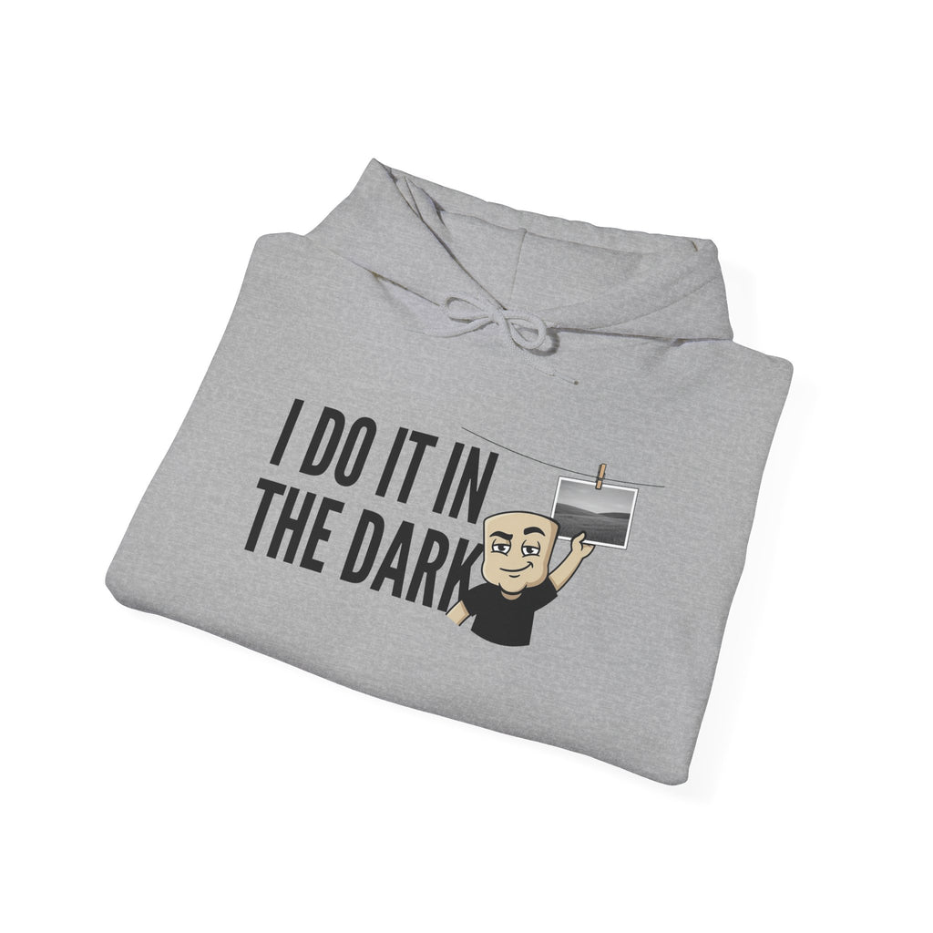 Light gray hoodie with “I DO IT IN THE DARK” text and cross graphic on front