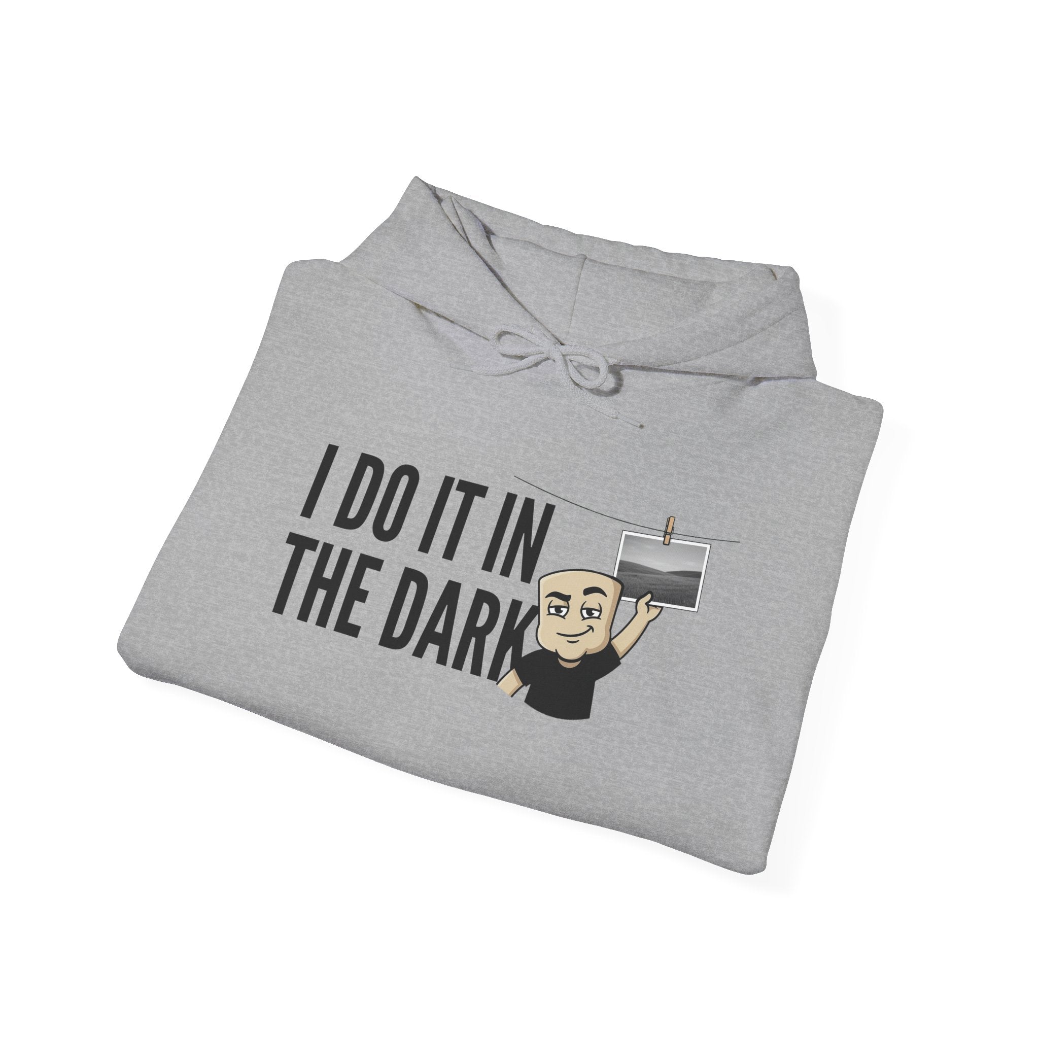 Light gray hoodie with “I DO IT IN THE DARK” text and cross graphic on front