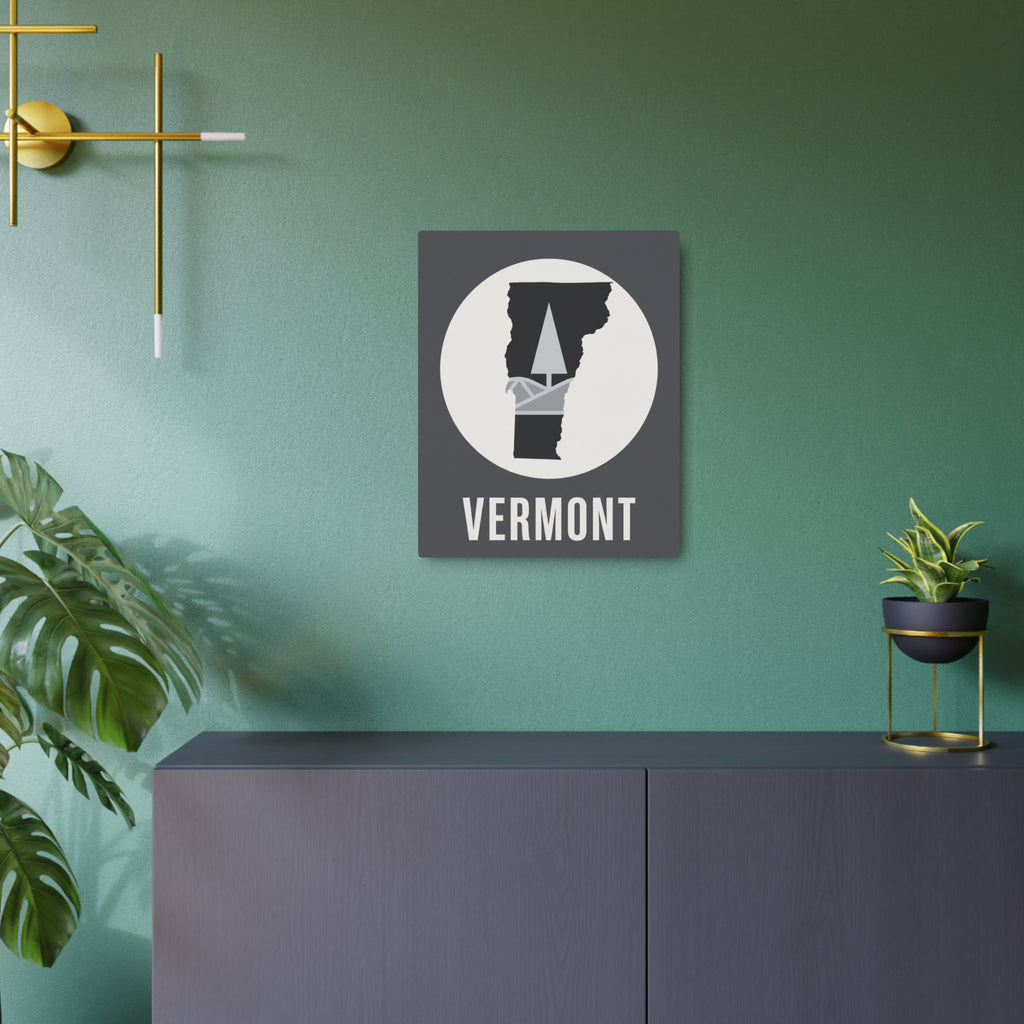 Square metal wall art with Vermont silhouette, circular badge, and “VERMONT” label