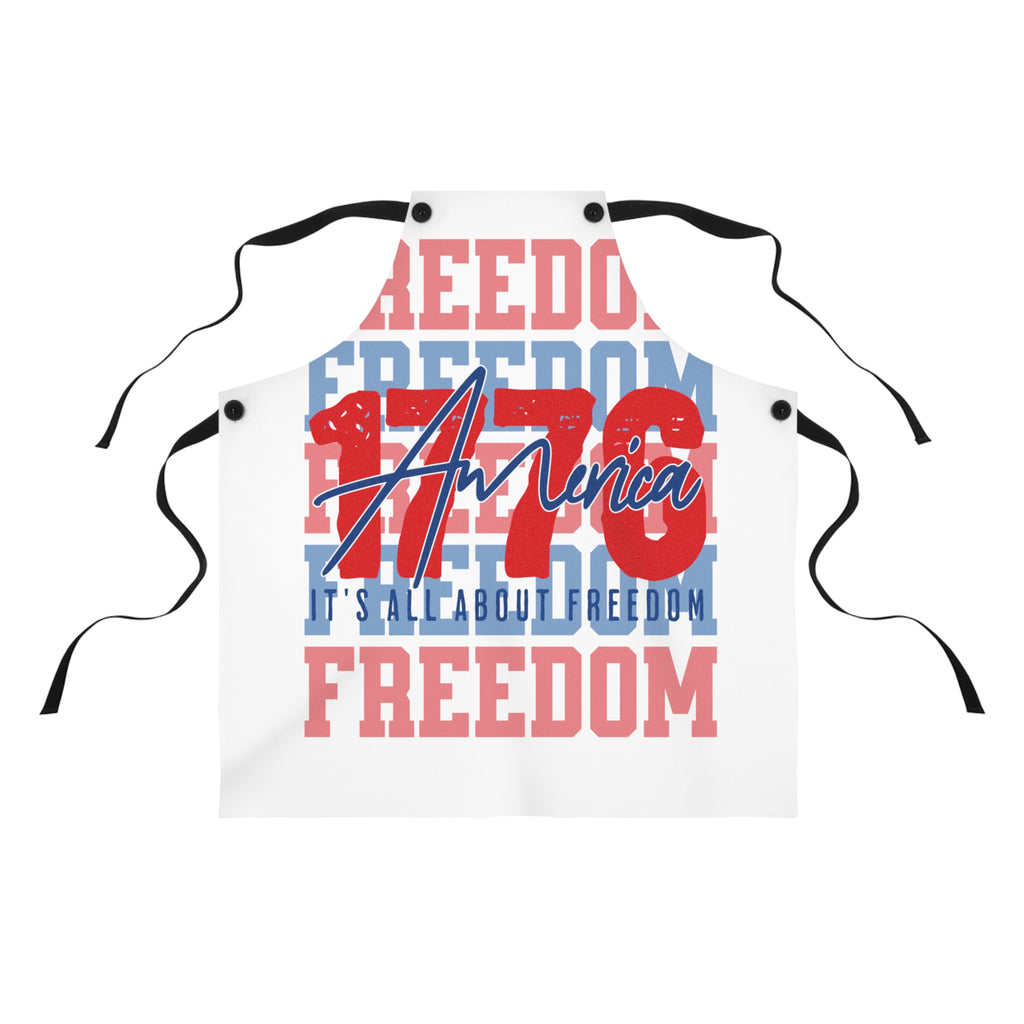 Patriotic kitchen apron with black straps and red-blue 'Freedom' graphic lettering